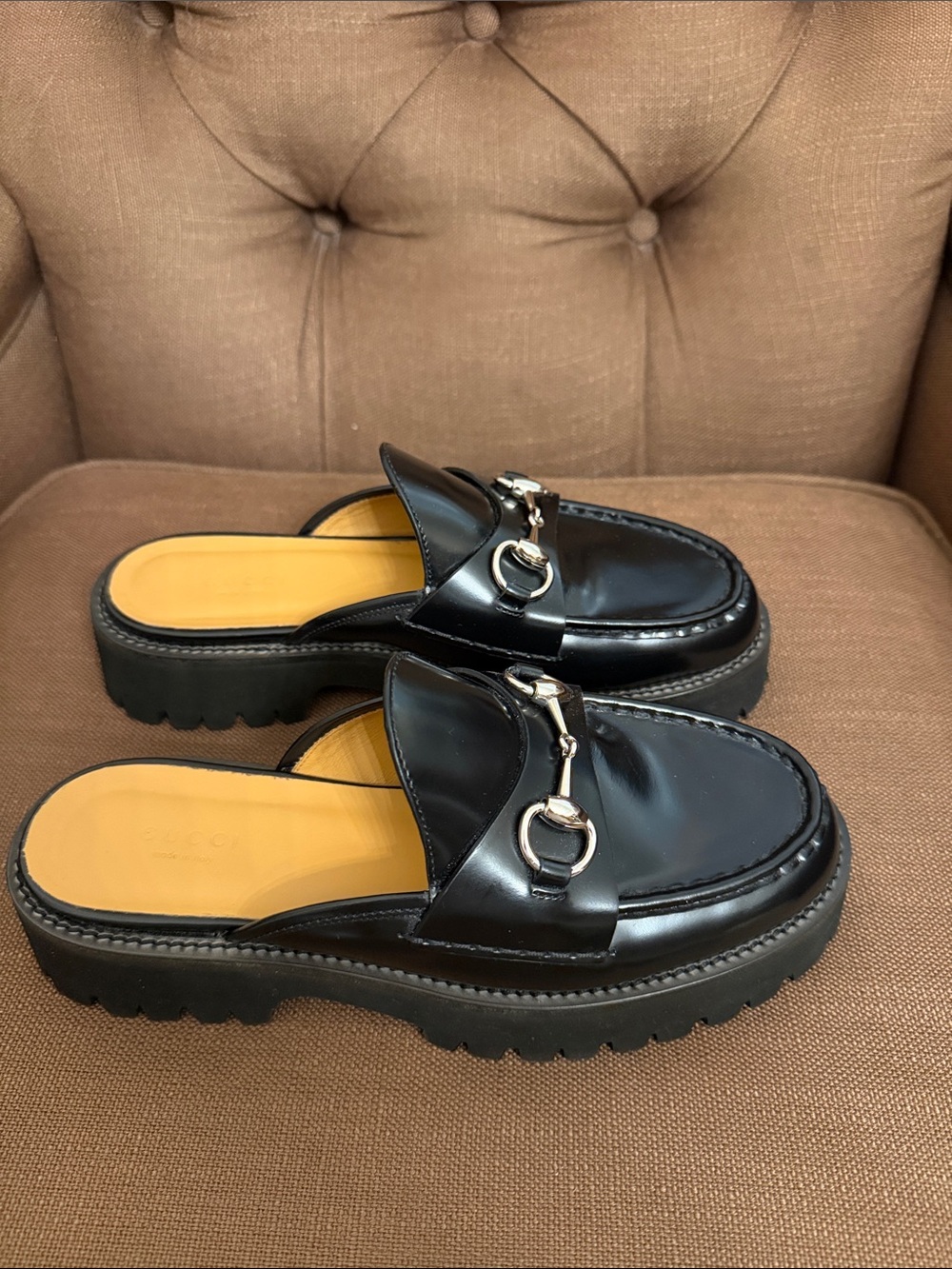 Gucci Black Leather Slip-On Mule Loafers with Silver Horsebit Cordovan size 38
